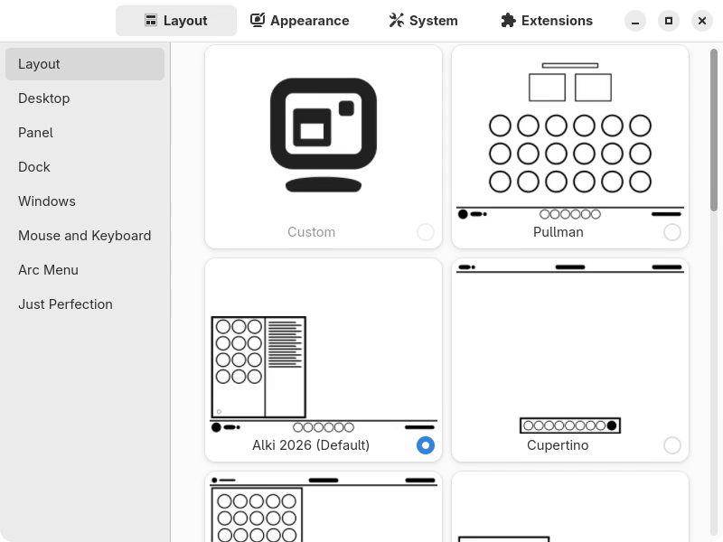 stillControl showing its desktop layout choices and fixed navigation sidebar on stillOS.