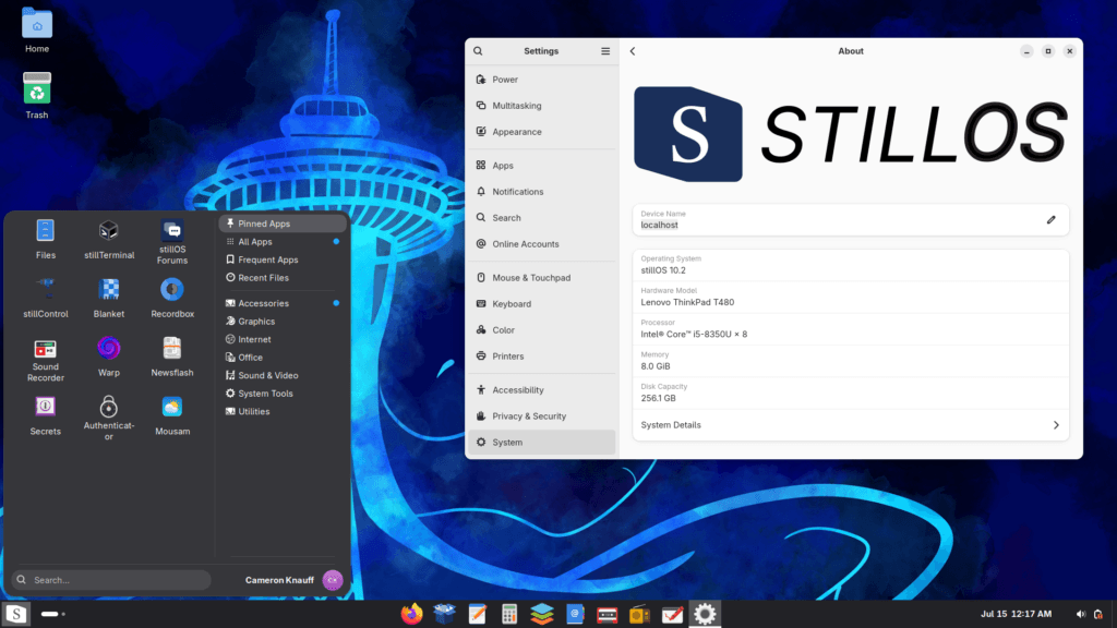 stillOS 10.2 desktop with the application menu and Settings About open.
